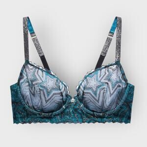 Savage X Fenty Shining Star Embroidered Unlined Demi Bra | 34D | Blue Festival